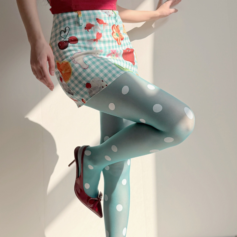 Tights Pantyhose Sheer - ถุงน่องลายจุดสไตล์เรโทรสำหรับผู้หญิง เอวสูง ไร้รอยต่อ บางเฉียบ หลากสี โปร่งใส