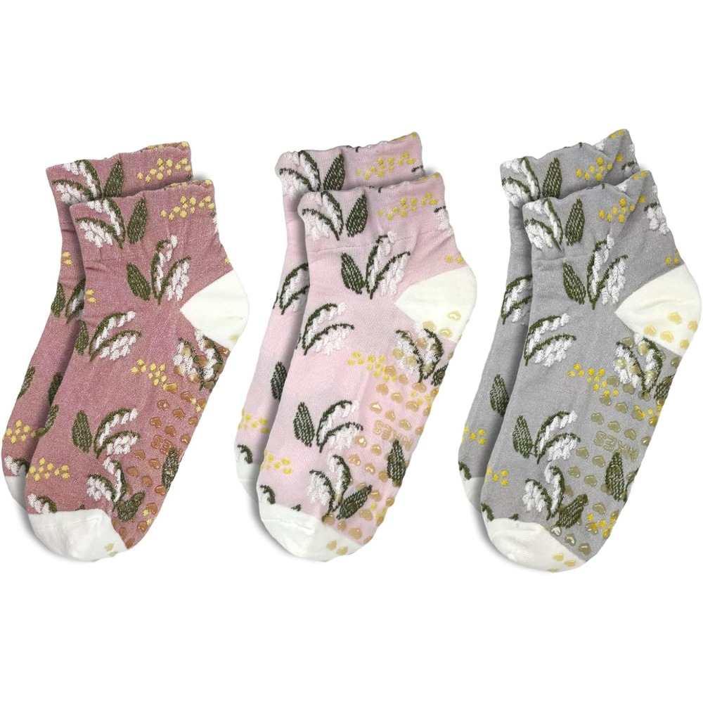 Grip Sock Yoga - ถุงเท้าโยคะลายดอกไม้สำหรับผู้หญิง – ถุงเท้าข้อสั้นกันลื่น 3 คู่สำหรับออกกำลังกายและสวมใส่ทุกวัน