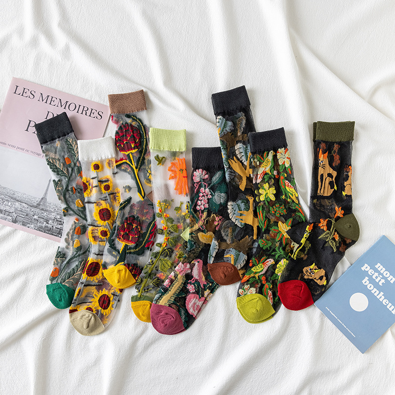 Silk Sock Bamboo - 1/4 คู่ ถุงเท้าผ้าไหมแก้วลายดอกไม้สไตล์เรโทรสำหรับผู้หญิง ถุงเท้าลำลองสำหรับฤดูร้อน น้ำหนักเบา ระบายอากาศได้ดี
