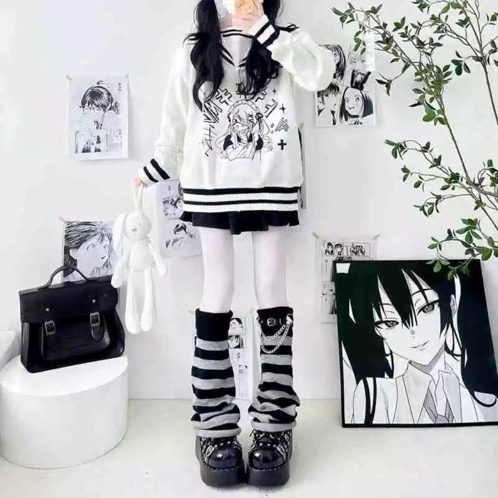 Boot Sock Slouchy - ถุงเท้าบูทถักลายทางสไตล์ฮาราจูกุแบบญี่ปุ่น ถุงเท้าบูททรงหลวมพร้อมโซ่ตกแต่ง สไตล์สตรีทแวร์