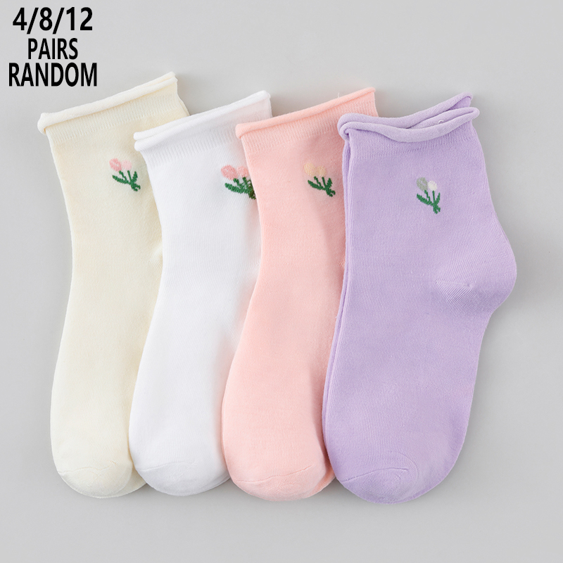 Cotton Crew Sock Pack - ถุงเท้าผู้หญิงลายดอกไม้แบบสุ่ม 4/8/12 คู่ ถุงเท้าผ้าฝ้ายนุ่ม ระบายอากาศได้ดี ซับเหงื่อ