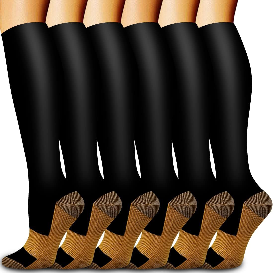 Compression Sock Medical - ถุงเท้ารัดกล้ามเนื้อสีทองแดง 6 คู่ ถุงเท้ารัดกล้ามเนื้อสำหรับพยาบาล สีดำ สีผิว