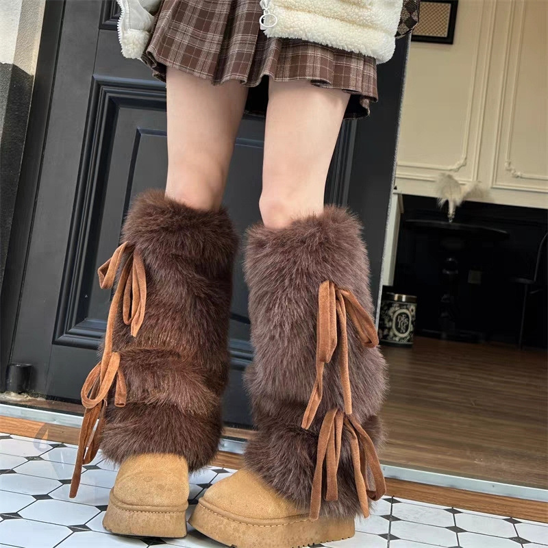 Boot Sock Slouchy - ที่อุ่นขาขนเฟอร์เทียมสำหรับผู้หญิง สายรัดผูก หนา อุ่น ถุงเท้าบูทแบบหลวมๆ สำหรับฤดูหนาว