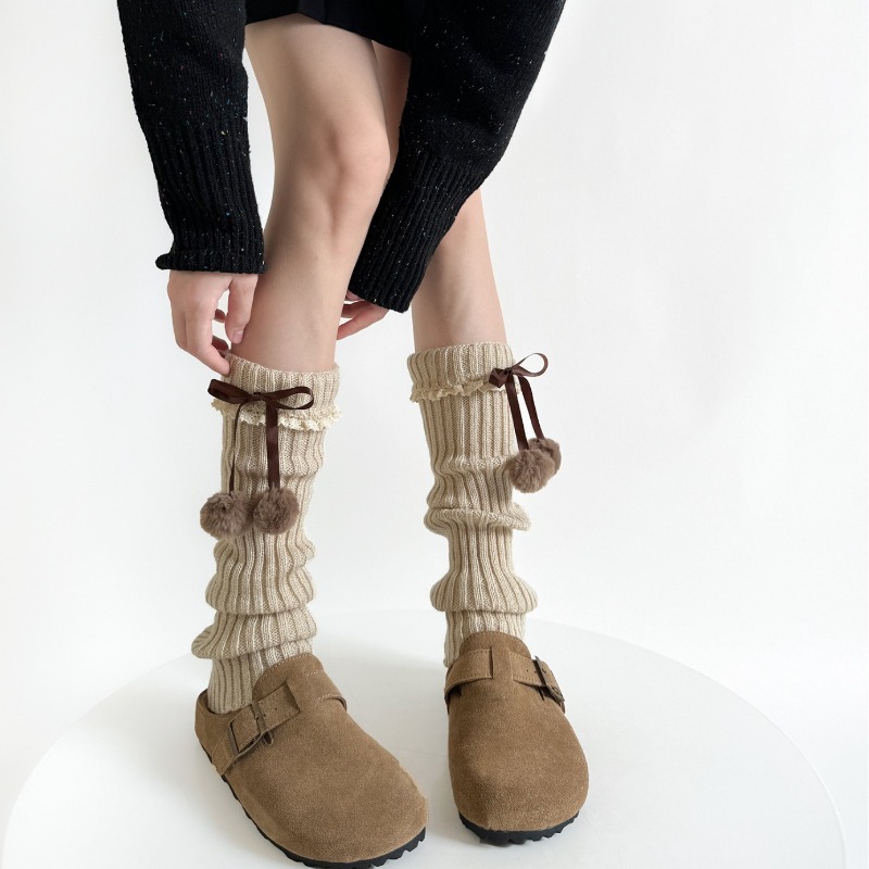 Boot Sock Slouchy - CAMEL ถักขาอุ่น Furry Ball Bow Trim