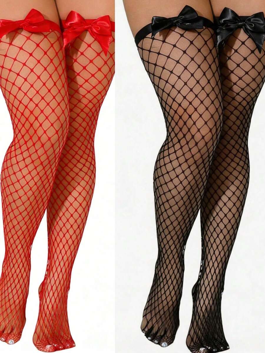 Fishnet Stocking Women - ถุงน่องตาข่ายประดับโบว์เหนือเข่า, ถุงน่องตาข่ายแบบยืดหยุ่นลายตาราง, ถุงน่องตาข่ายแบบหวานเซ็กซี่